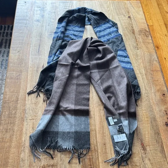 Macy’s Macys Men's brown blue gray 100% cashmere scarf 64 inch long NEW NWT